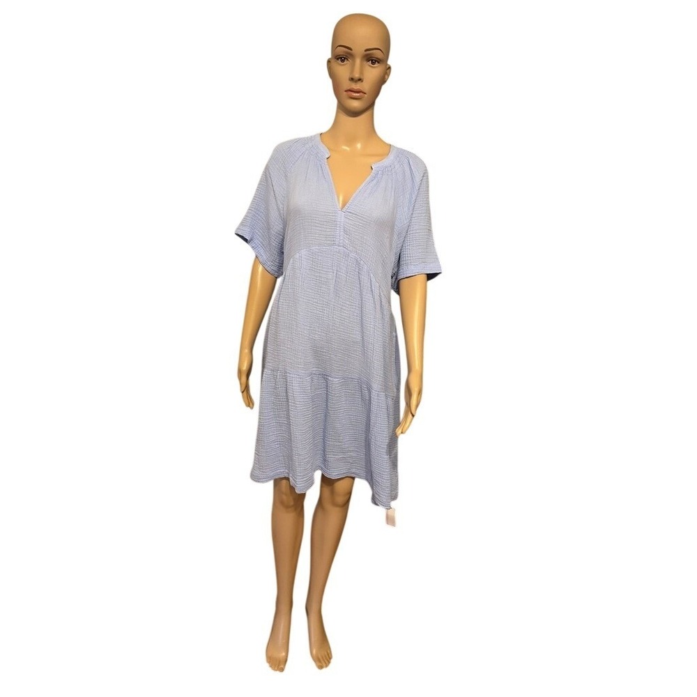 Gap Womens Light Blue Cotton Double Gauze Tiered V-Neck Mini Dress Medium